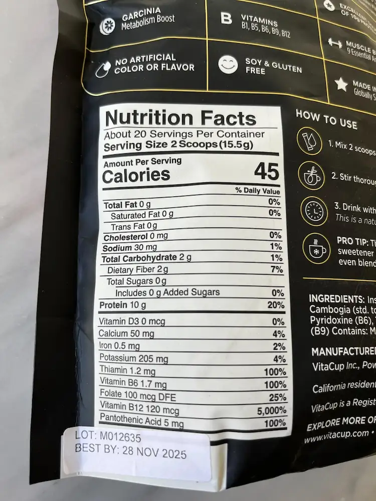VitaCup Slim Protein Coffee Nutrition Facts